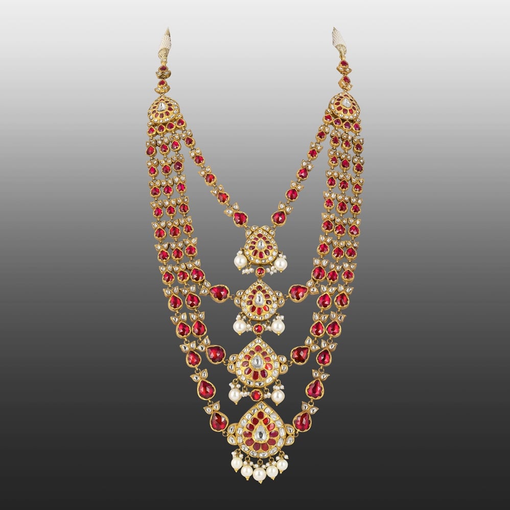 Quad Layer Necklace with Red Stones, Uncut Diamonds & Pearl Drops